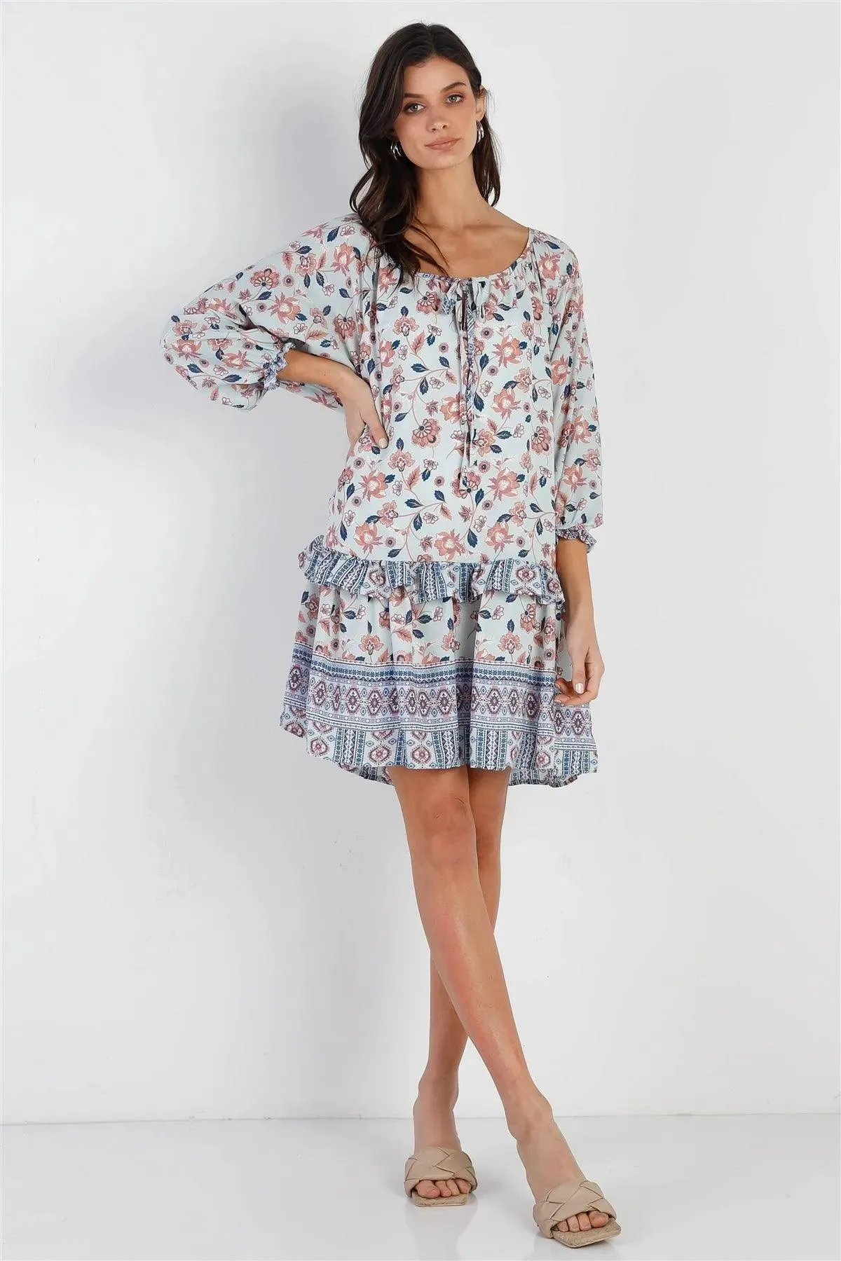 Blue Multi Color Floral Print Ruffle Details Self-Tie Neck Mini Dress /3-2-1
