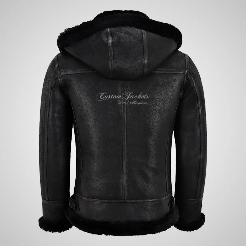 SQUALL Mens B-3 Hooded Sheepskin Bomber Jacket Black